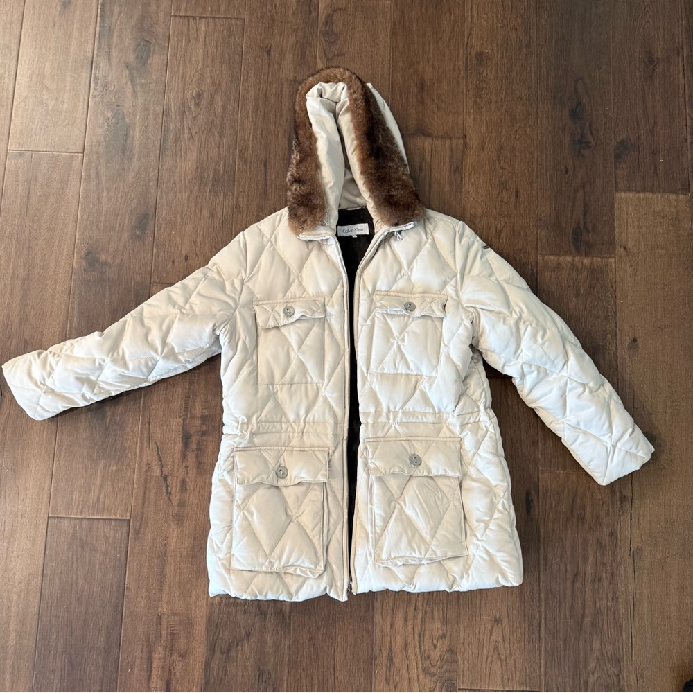 Calvin Klein Down Cream Quilted Hooded Coat with Brown Fur Trim